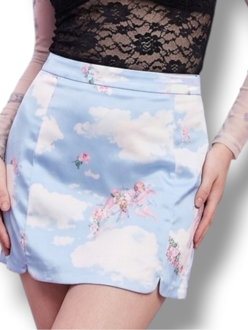 Sugar Thrillz EUC Viral Coquette Cherub Angel Cloud Satin Mini Skirt | Size M